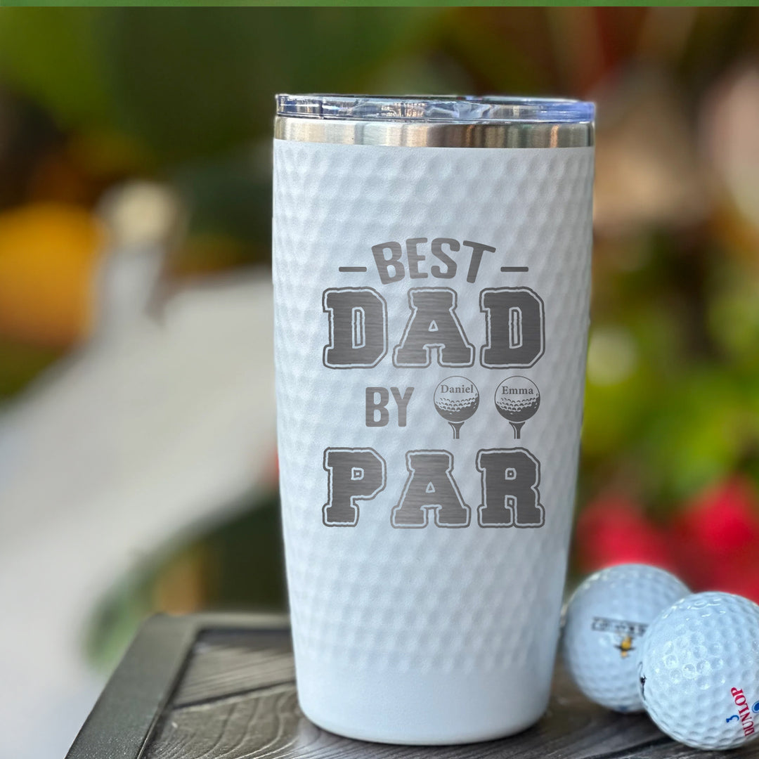 Best Dad by Par Custom Golf Tumbler with Kid Names – Personalized Father's Day Gift for Golfer Dad, Coach, or Grandpa – 20oz Laser Engraved Stainless Steel Cup