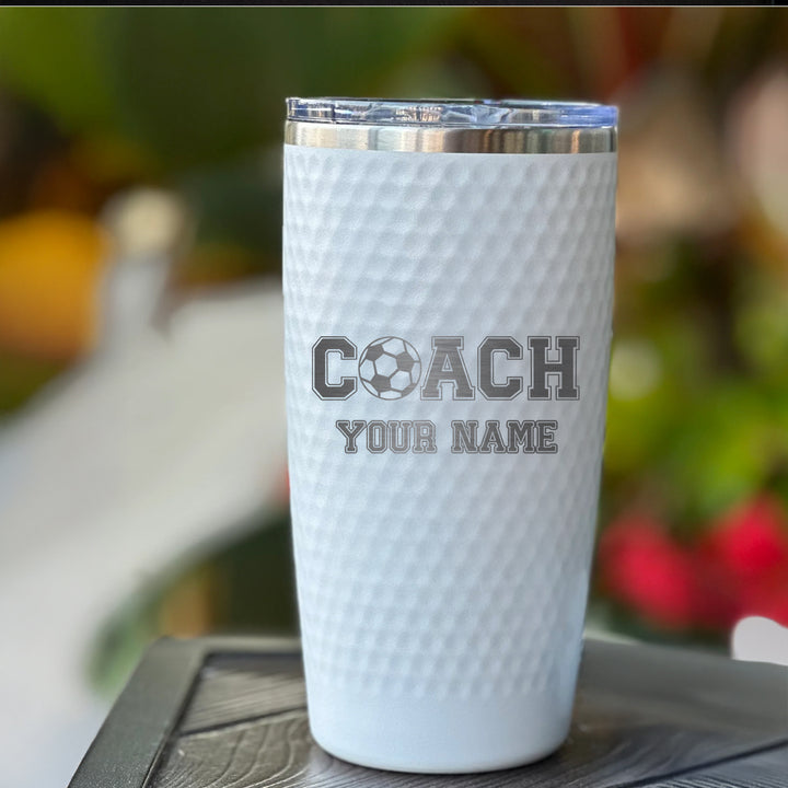 Custom Soccer Coach Tumbler – Personalized 20oz Stainless Steel Travel Cup with Engraved Name, Soccer Ball Icon, and Insulated Design