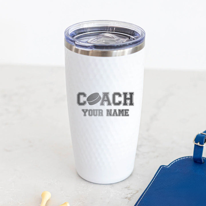 Custom Hockey Coach Tumbler – Personalized 20oz Stainless Steel Insulated Cup with Name Engraving and Hockey Puck Design