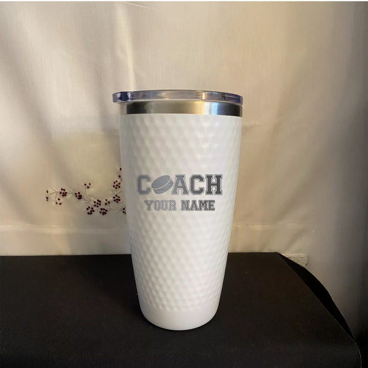 Custom Hockey Coach Tumbler – Personalized 20oz Stainless Steel Insulated Cup with Name Engraving and Hockey Puck Design