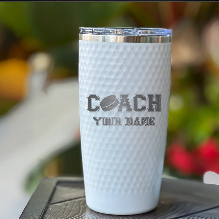 Custom Hockey Coach Tumbler – Personalized 20oz Stainless Steel Insulated Cup with Name Engraving and Hockey Puck Design