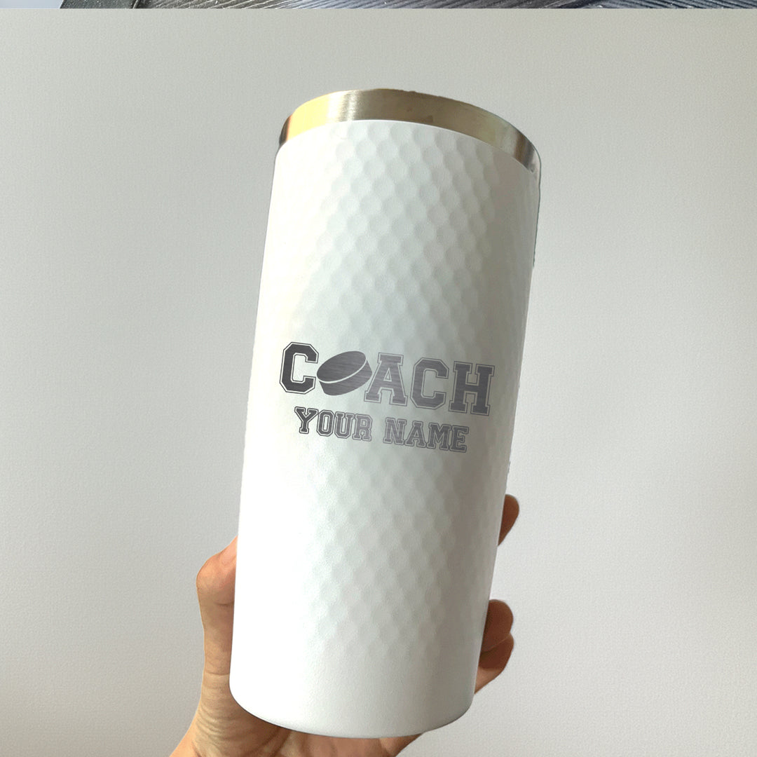 Custom Hockey Coach Tumbler – Personalized 20oz Stainless Steel Insulated Cup with Name Engraving and Hockey Puck Design