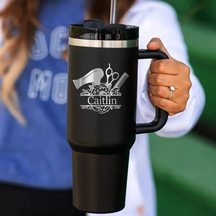 Personalized 40oz Hairdresser Engraved Name Tumbler with Handle Straw