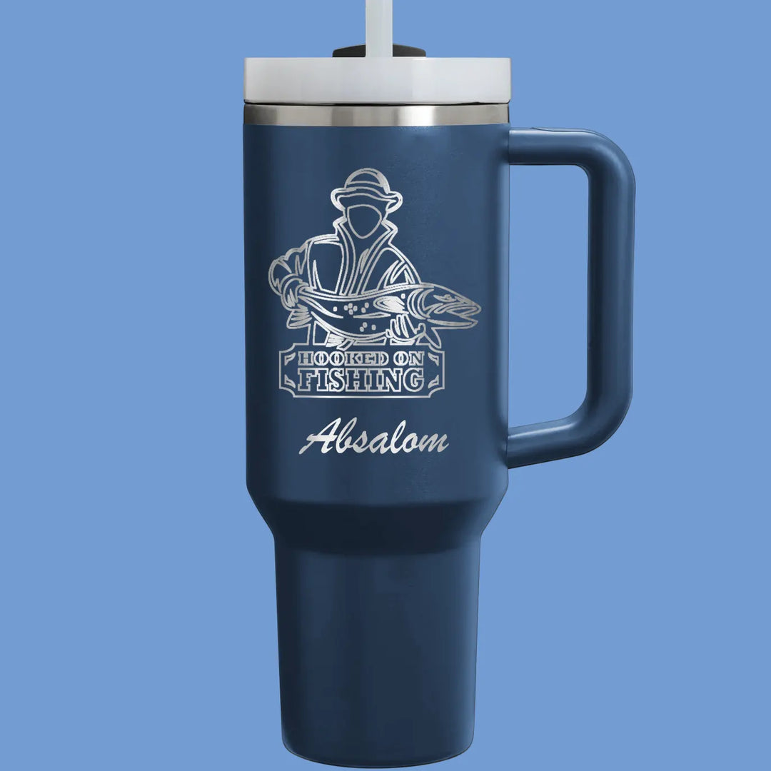 40oz personalize fishing tumbler with handle straw navy blue name tumbler