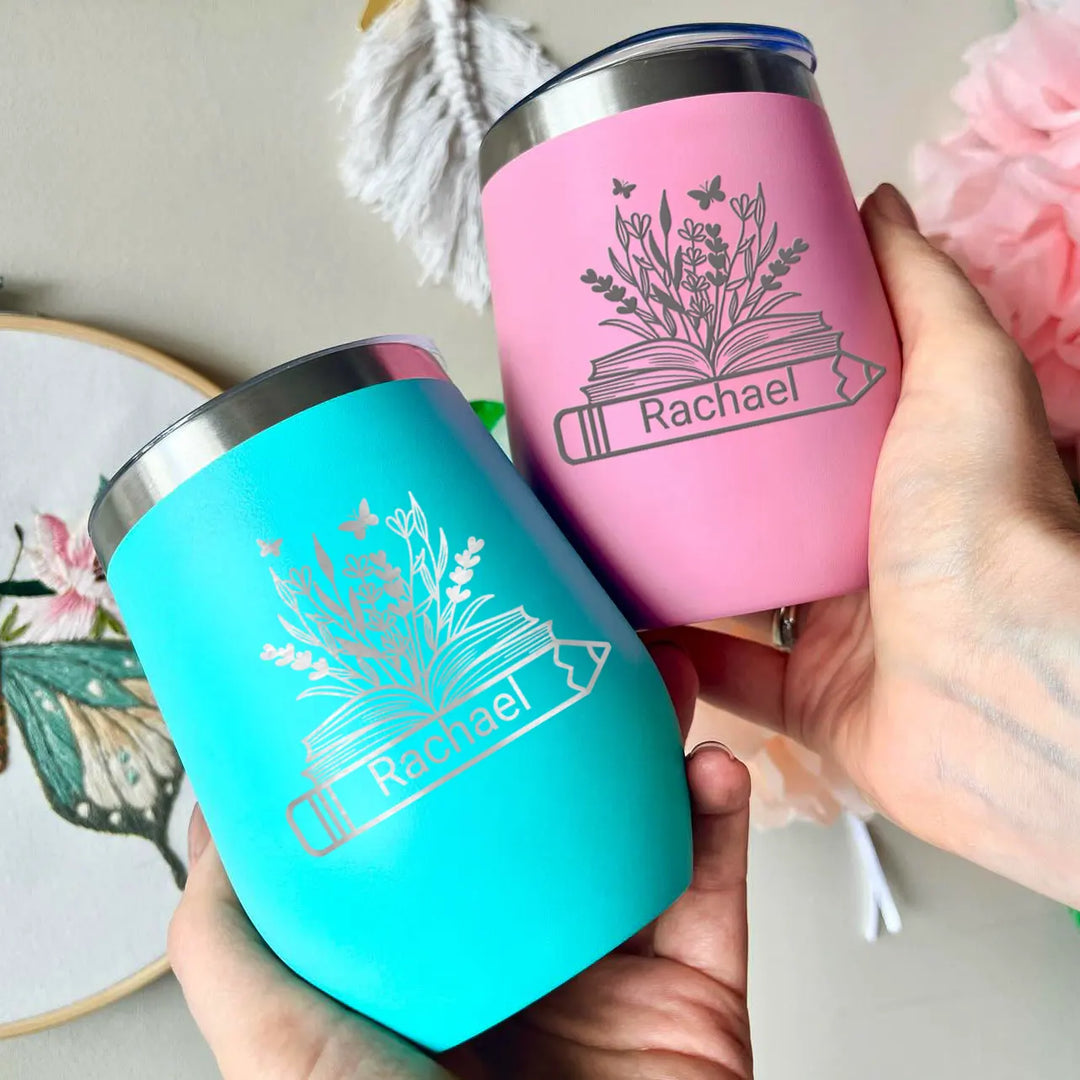 Personalize 12oz Pencil Floral Monogram Name Wine Tumbler