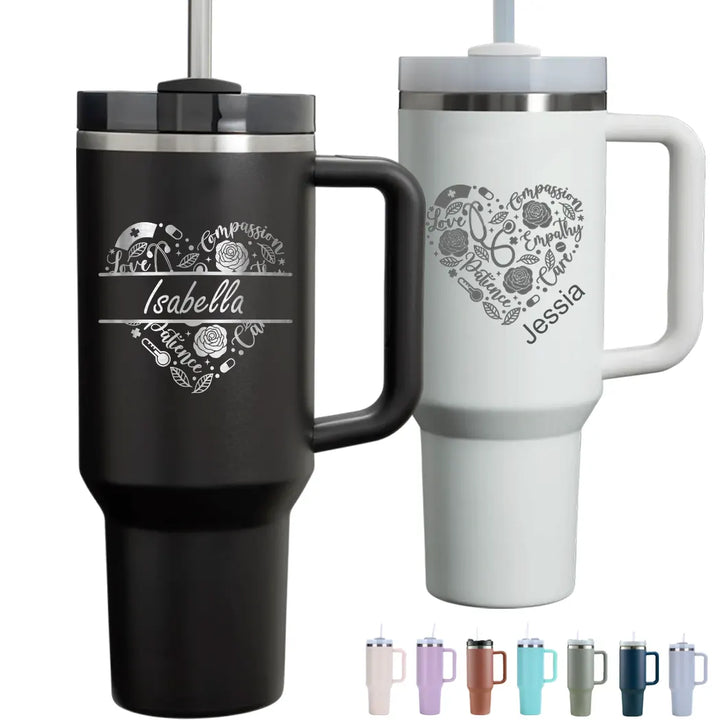 Personalized 40oz Nurse Heart Monogram Name Tumbler with Handle Straw