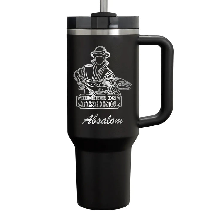 40oz personalize fishing tumbler with handle straw black name tumbler