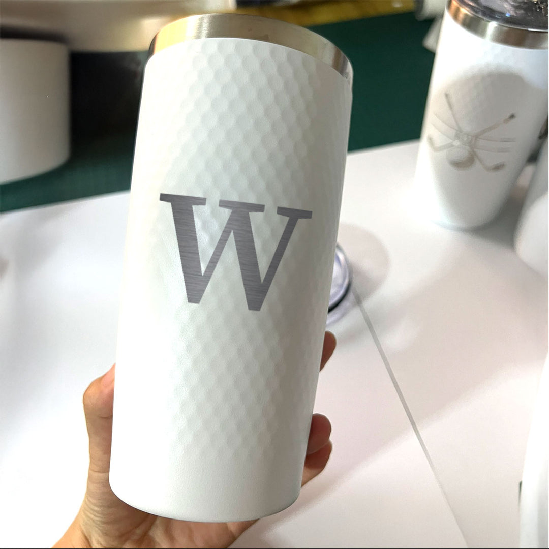 Personalized 20oz Golf Initial Tumbler – Engraved Monogram Letter Stainless Steel White Golf Cup with Dimples, Custom Gift for Him or Her