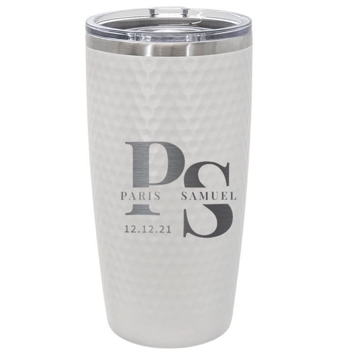 Personalized Couple Initials Golf Tumbler – Engraved Wedding Date and Names 20oz White Stainless Steel Cup with Dimples, Custom Gift for Him or Her
