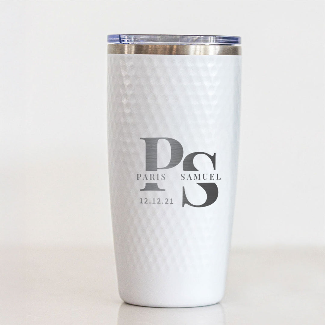Personalized Couple Initials Golf Tumbler – Engraved Wedding Date and Names 20oz White Stainless Steel Cup with Dimples, Custom Gift for Him or Her