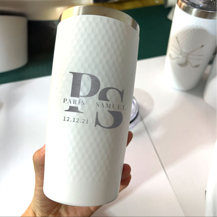 Personalized Couple Initials Golf Tumbler – Engraved Wedding Date and Names 20oz White Stainless Steel Cup with Dimples, Custom Gift for Him or Her