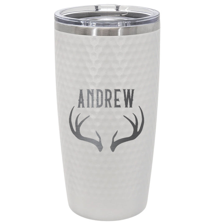 Personalized Antler Name Tumbler – Engraved 20oz White Stainless Steel Cup with Dimples, Custom Gift for Men, Hunters, Outdoorsy Dads