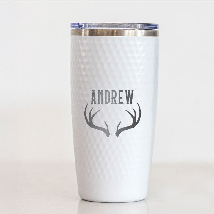 Personalized Antler Name Tumbler – Engraved 20oz White Stainless Steel Cup with Dimples, Custom Gift for Men, Hunters, Outdoorsy Dads