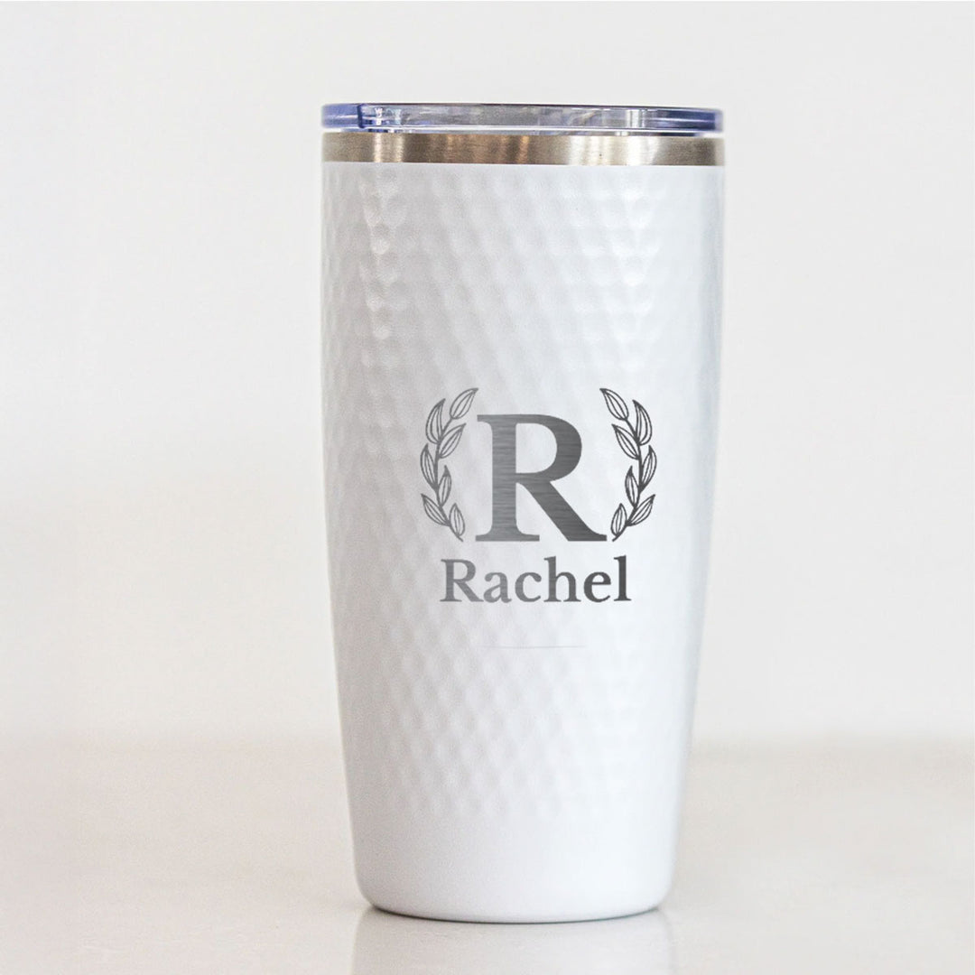 Personalized 20oz Monogram Name Tumbler with Laurel Design – Engraved Stainless Steel White Cup for Graduation, Retirement, or Everyday Gift
