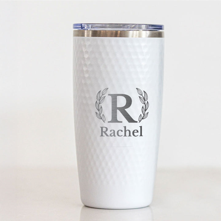 Personalized 20oz Monogram Name Tumbler with Laurel Design – Engraved Stainless Steel White Cup for Graduation, Retirement, or Everyday Gift