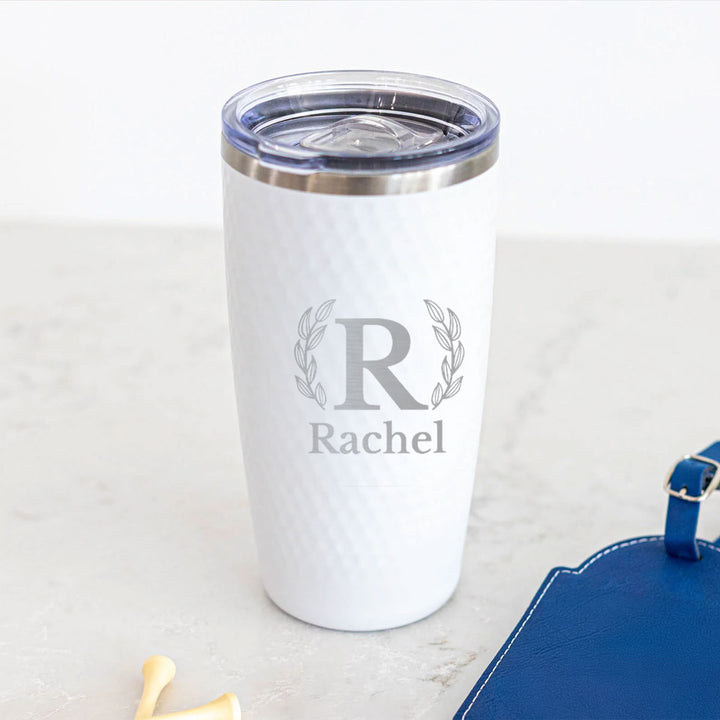 Personalized 20oz Monogram Name Tumbler with Laurel Design – Engraved Stainless Steel White Cup for Graduation, Retirement, or Everyday Gift