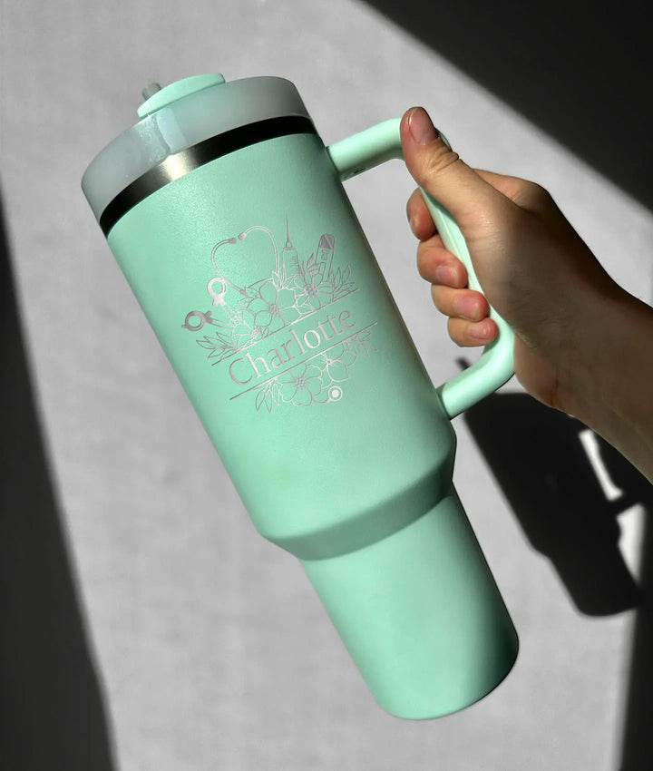 Personalize Floral Monogram Nurse Name Tumbler with Handle Straw
