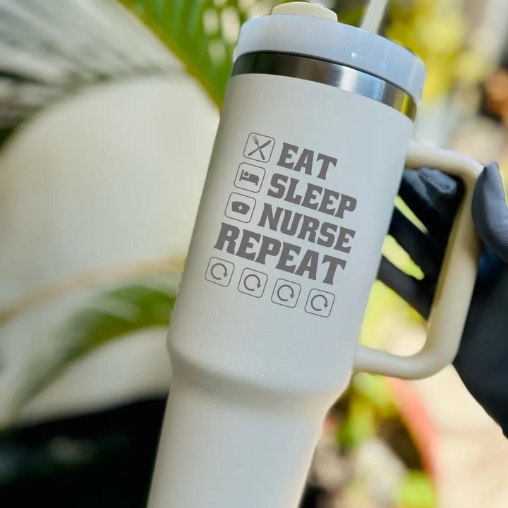 Personlaize 40oz "Eat Sleep Nurse Repeat" Nurse Name Tumbler with Handle Straw