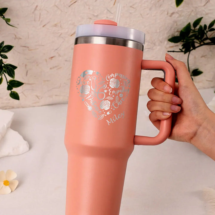 Personalized 40oz Nurse Heart Monogram Name Tumbler with Handle Straw