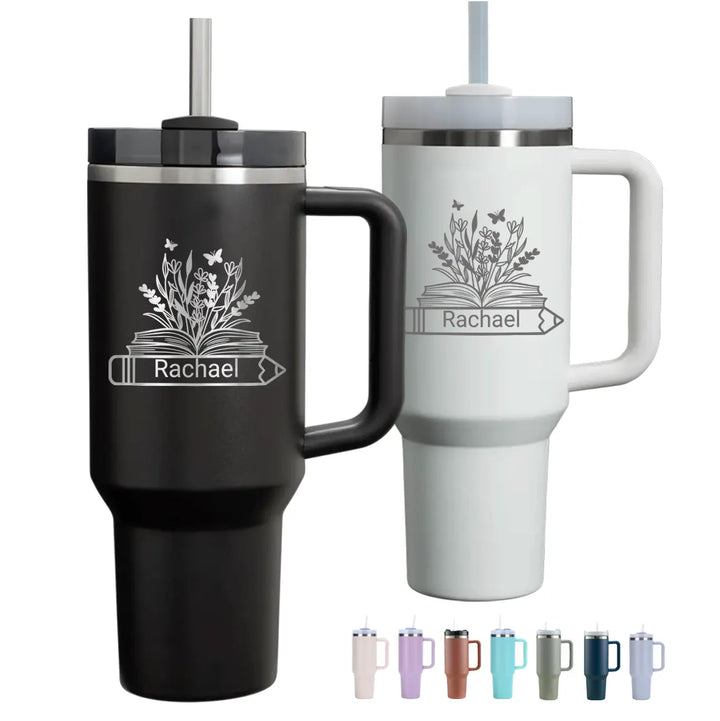 Personalize 40oz Teacher Tumbler Monogram Pencil Floral Name Tumbler with Handle Straw