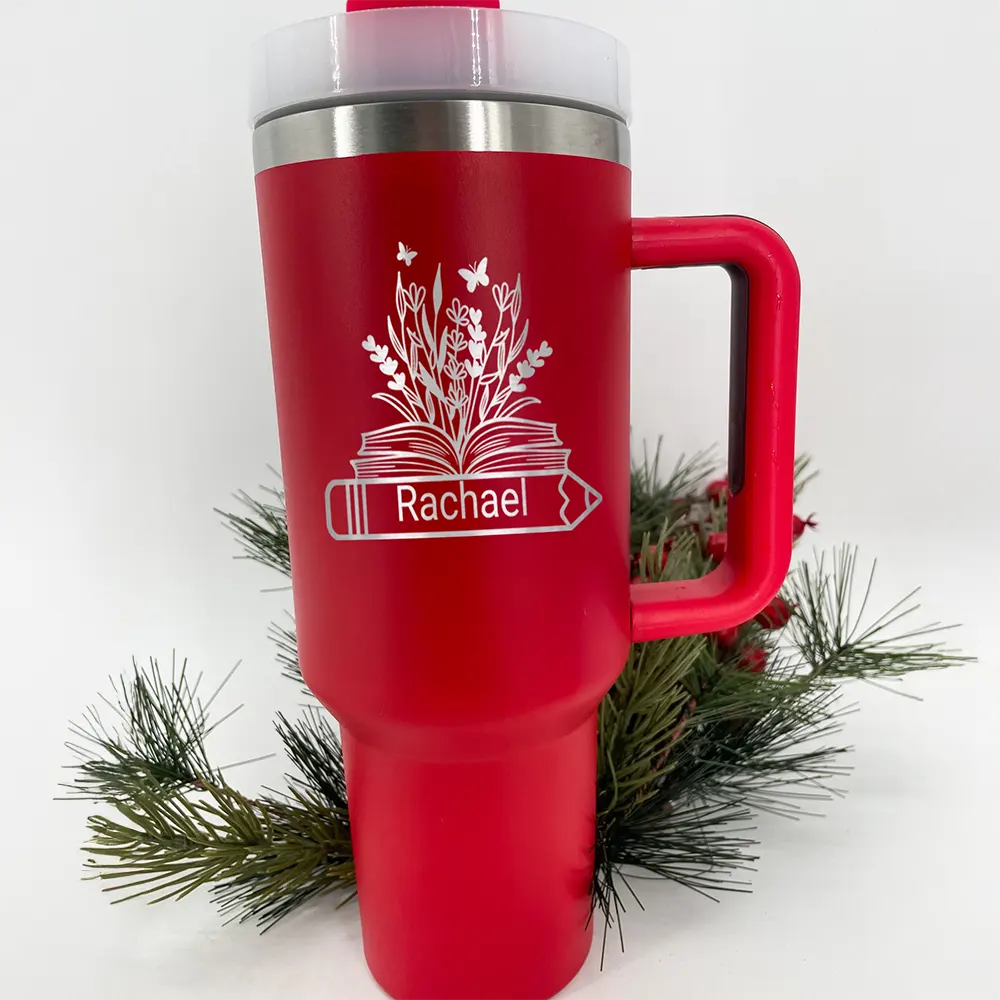 Personalize 40oz Teacher Tumbler Monogram Pencil Floral Name Tumbler with Handle Straw
