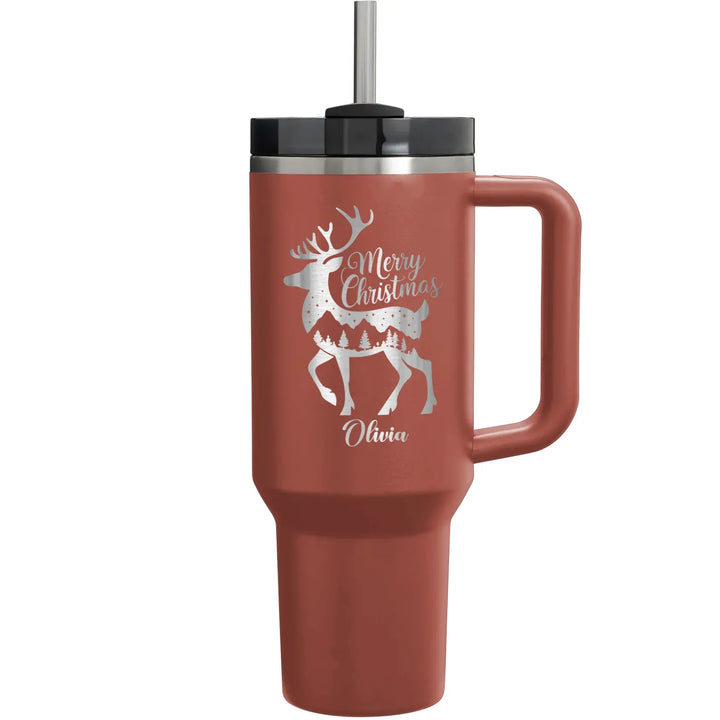 Personalize 40oz Merry Christmas Deer Tumbler, Name Engraved Tumbler with Handle Straw