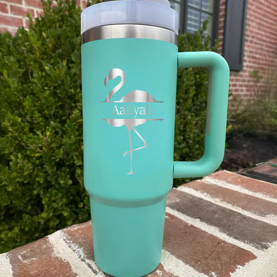Personalize 40oz Flamingo Monogram Engraved Name tumbler with Handle Straw