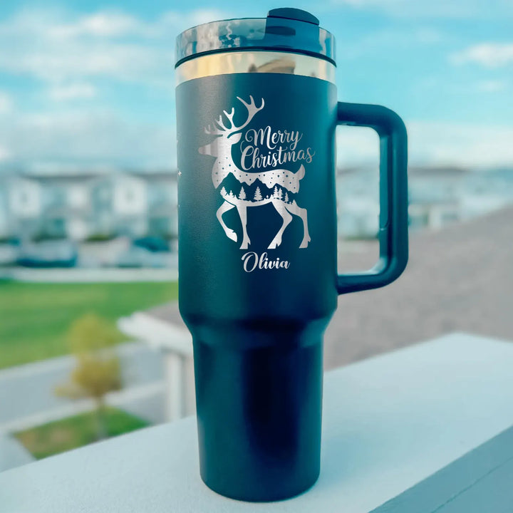 Personalize 40oz Merry Christmas Deer Tumbler, Name Engraved Tumbler with Handle Straw