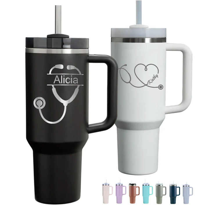 Personalized 40oz Nurse Stethoscope Name Engraved Tumbler with Handle Straw