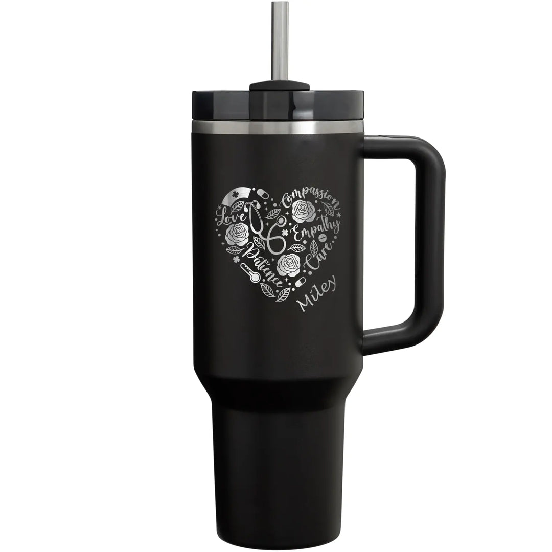 Personalized 40oz Nurse Heart Monogram Name Tumbler with Handle Straw